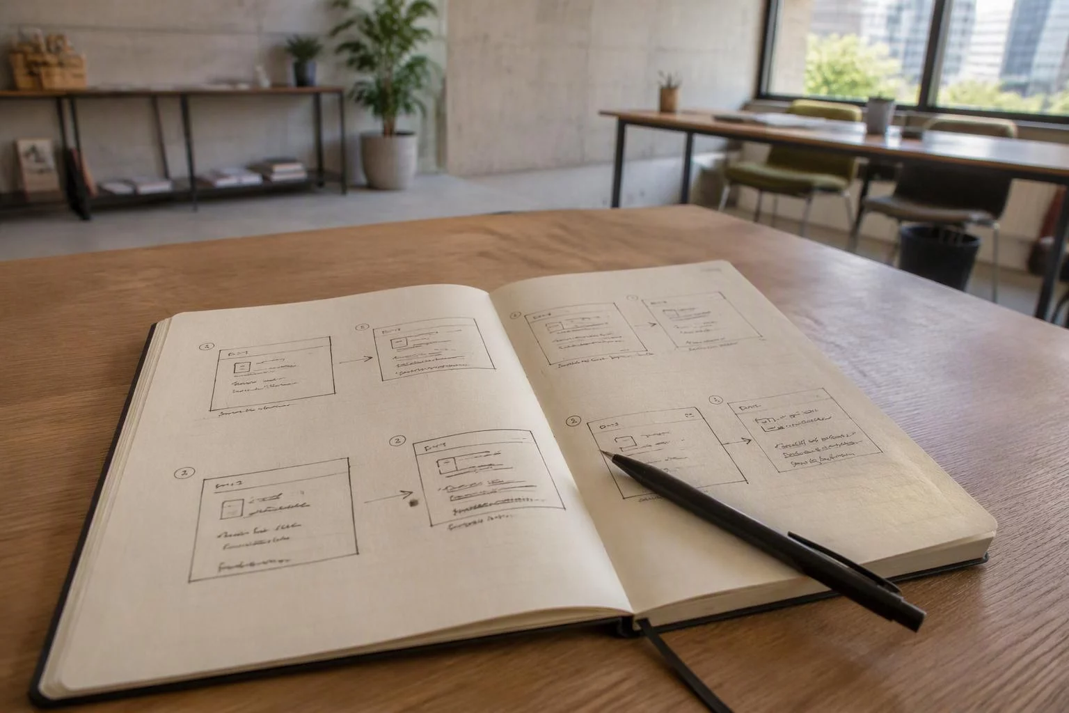 Caderno com o fluxo de assinatura desenhado em quadros numerados