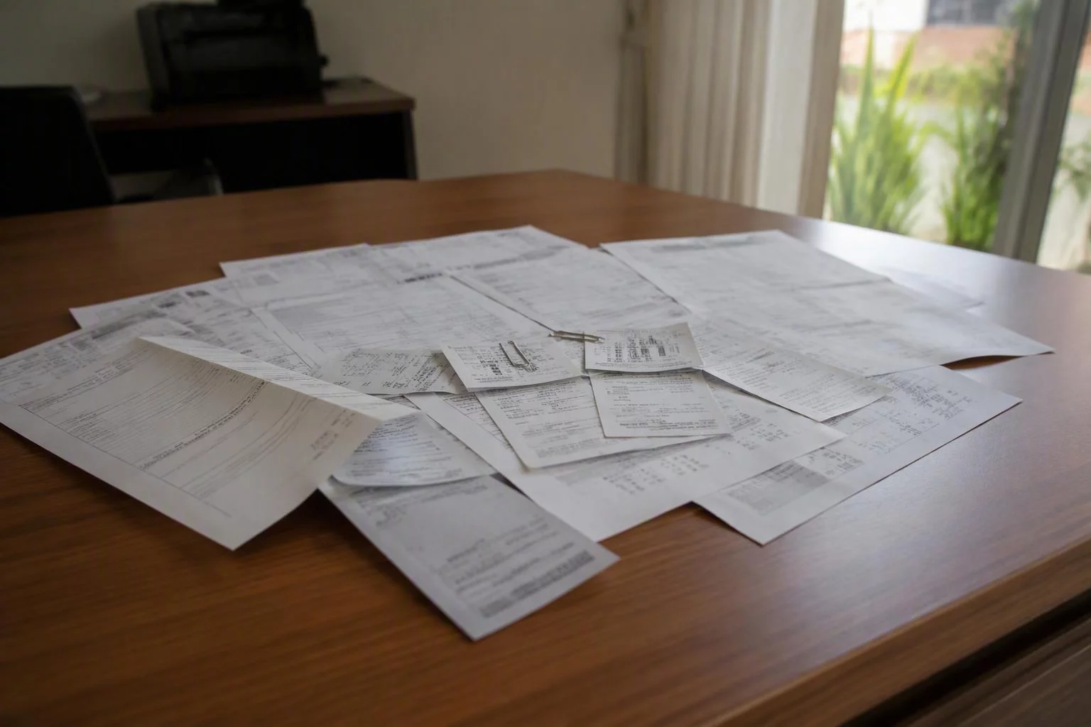 Recibos e comprovantes de cobrança impressos sobre a mesa