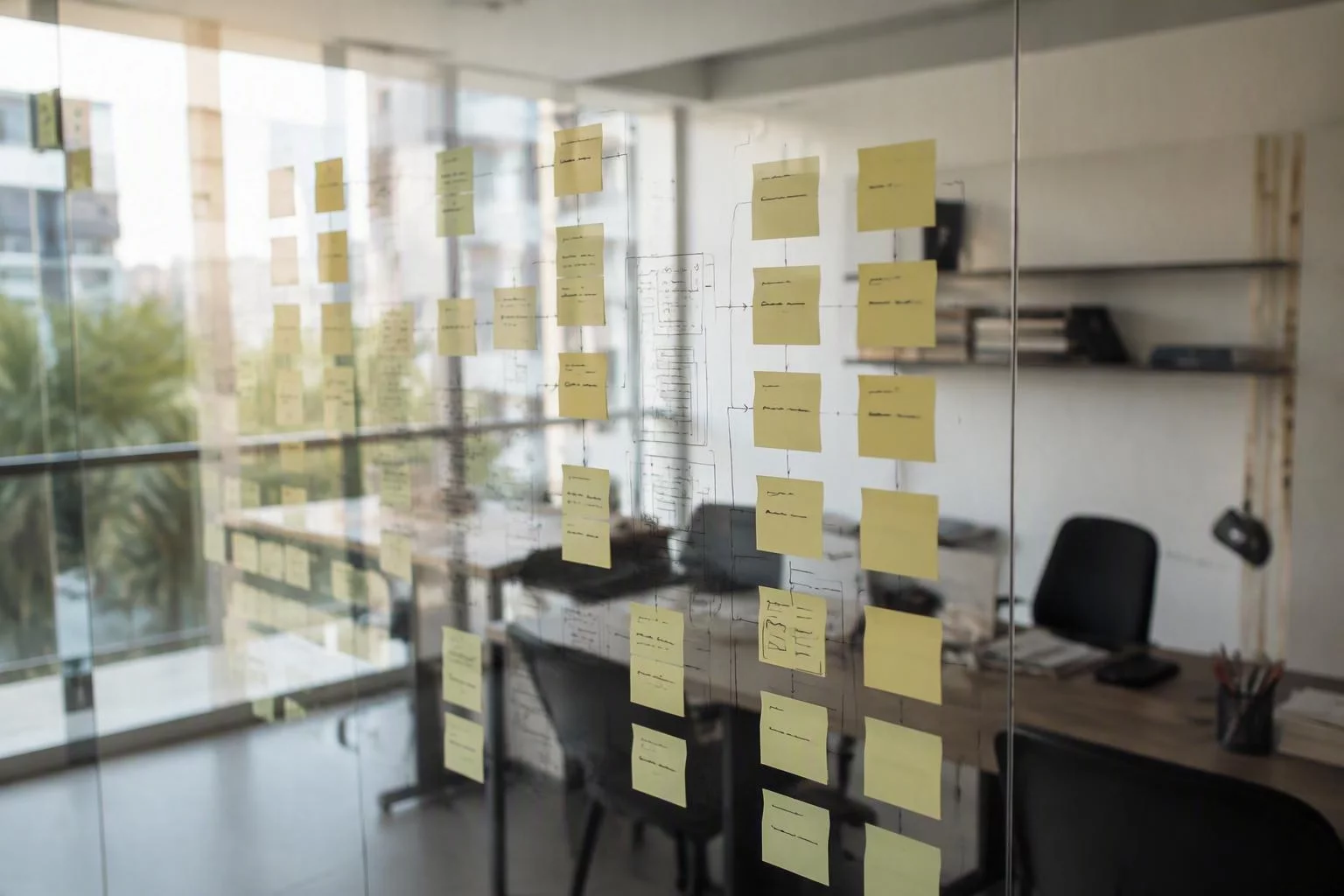 Vidro do escritório com o desenho da área do cliente em post-its